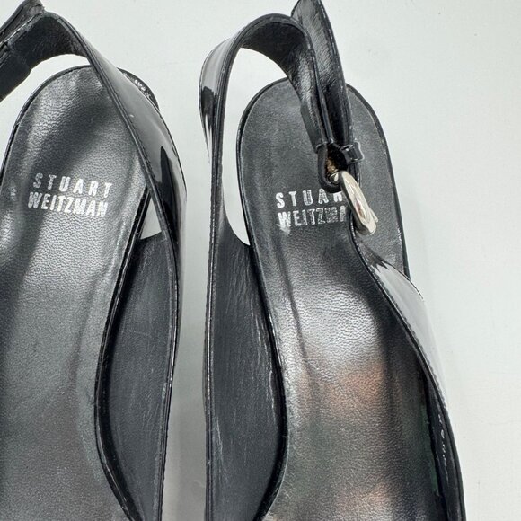 Stuart Weitzman Patent Leather Peep-Toe Slingback Heels Silver Buckle Narrow 8SS - Picture 3 of 10